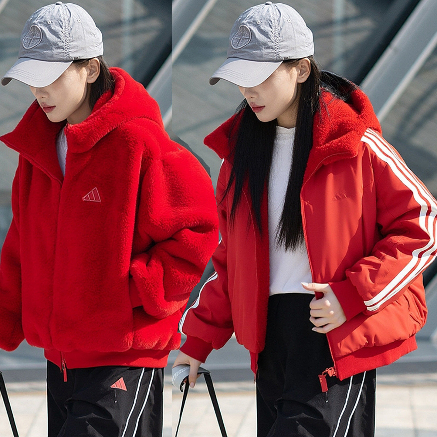 Adidas加厚棒球服女冬季正品保暖美式正品夹克羊羔绒仿皮草外套