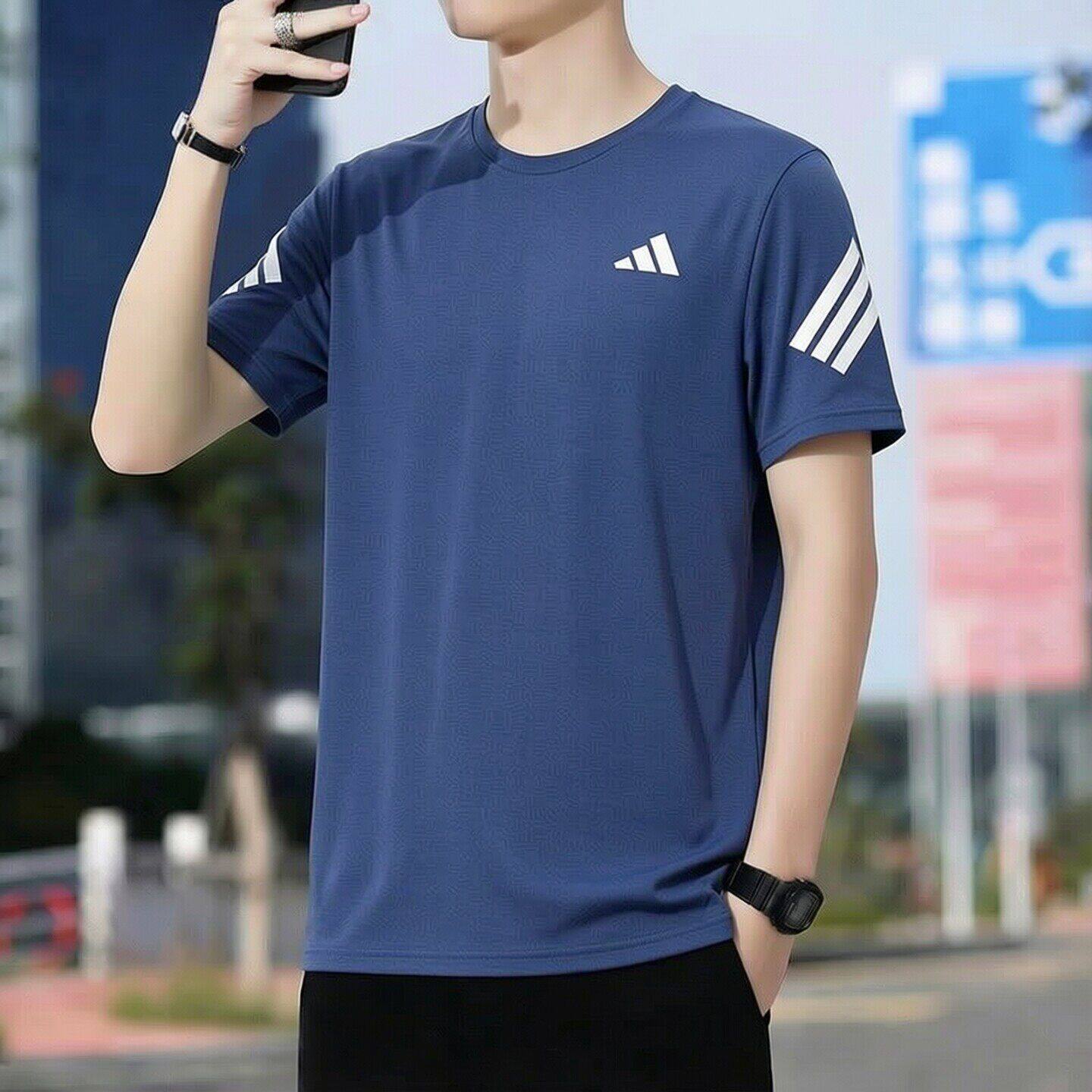 阿迪达斯短袖t恤男款夏季正品圆领蓝色宽松健身跑步男士运动半袖