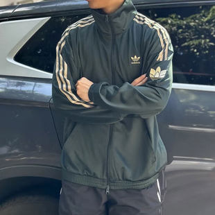 阿迪达斯三叶草外套男新款防风绿色宽松休闲立领夹克正品JL8400