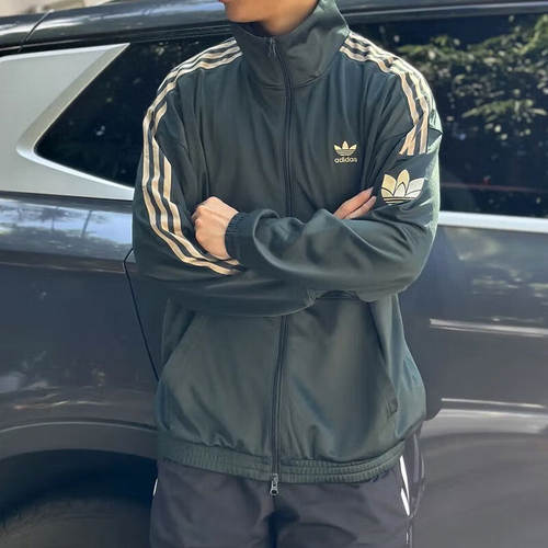 阿迪达斯三叶草外套男新款防风绿色宽松休闲立领夹克正品JL8400