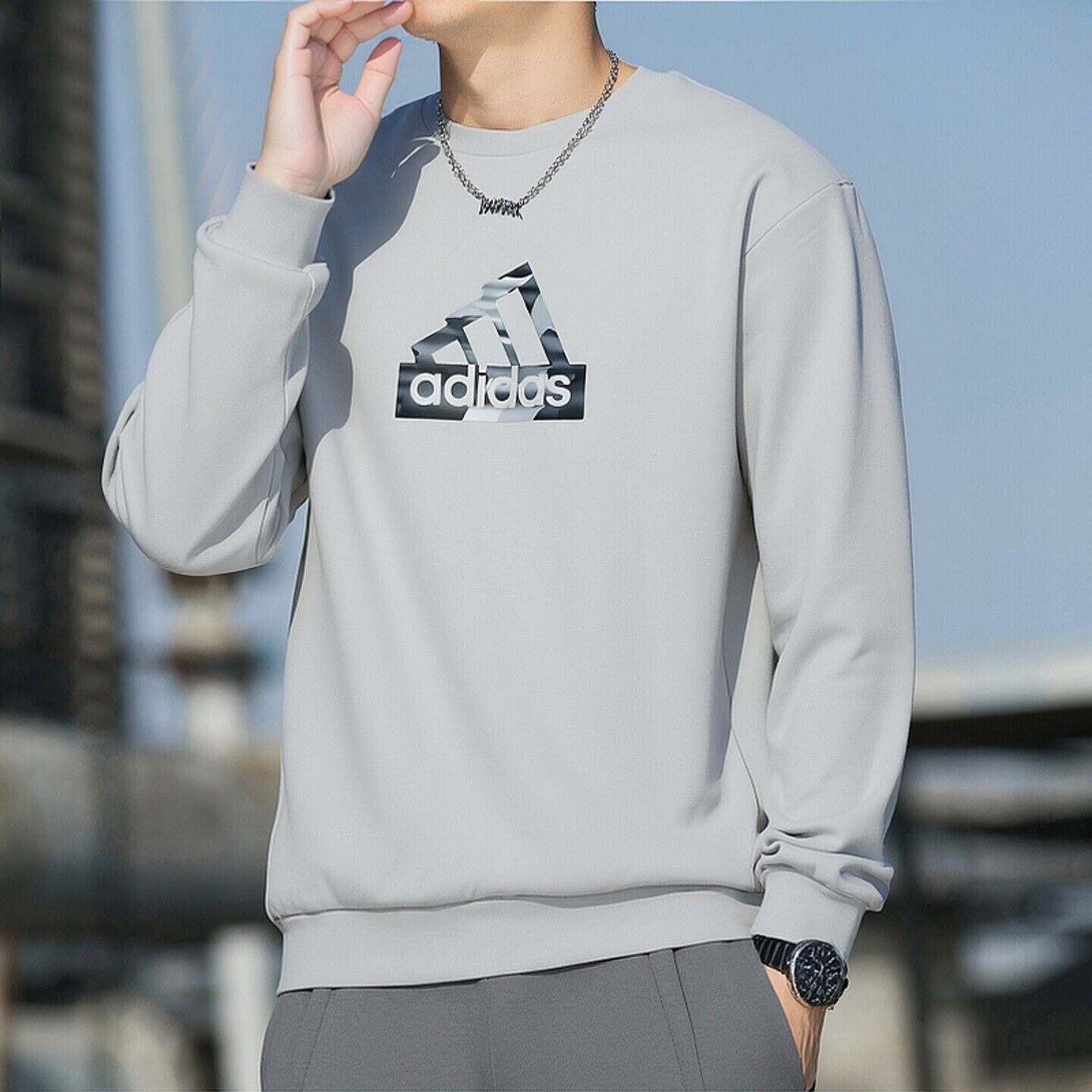 Adidas卫衣男冬季新款针织套头衫男士圆领内搭衣长袖上衣运动服