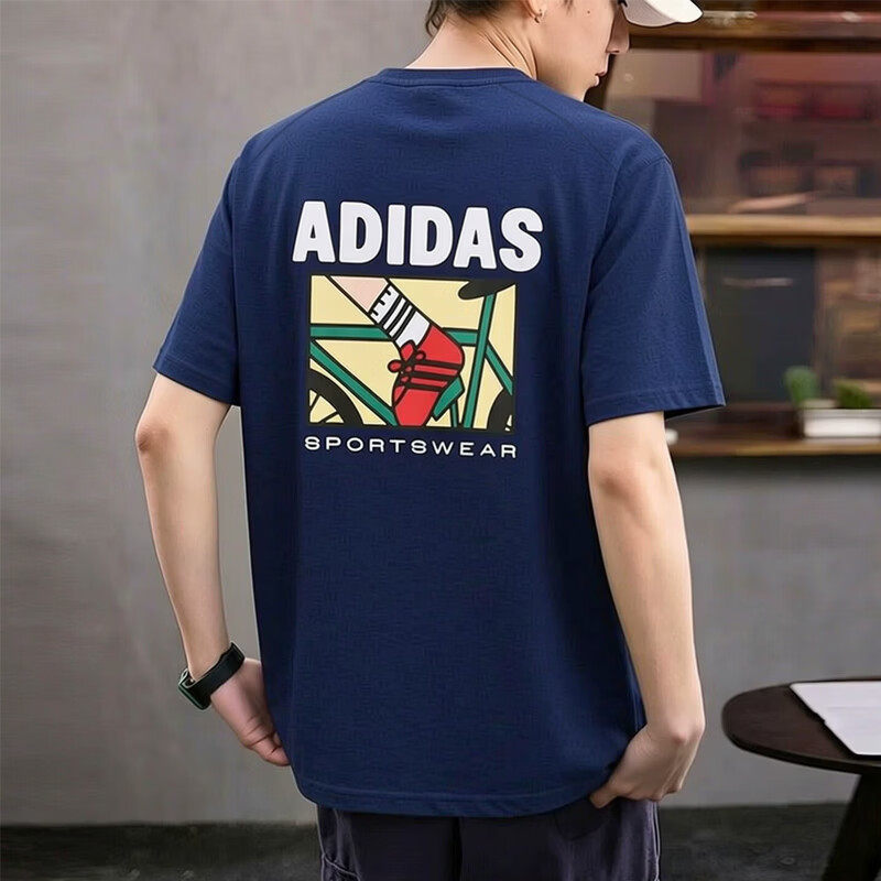 Adidas蓝色短袖T恤男士正品运动服宽松透气休闲圆领休闲半袖