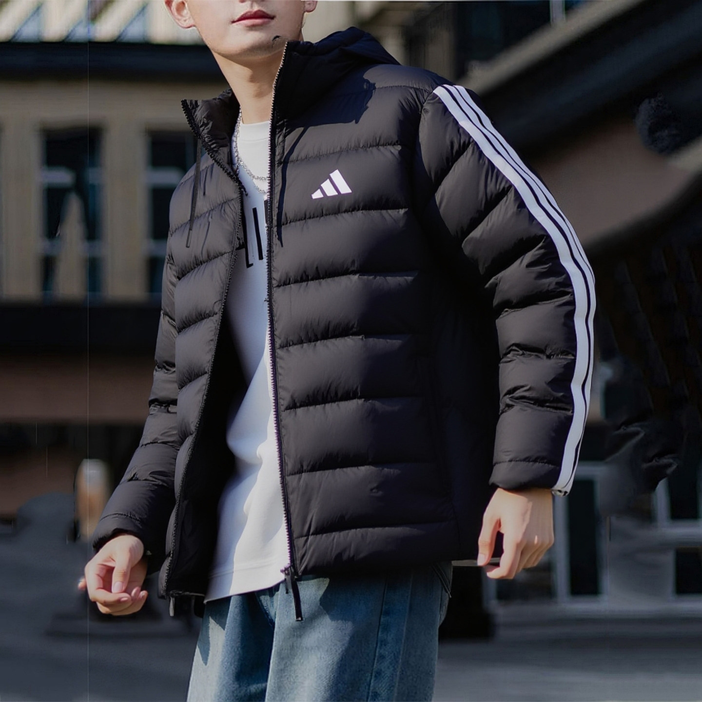 阿迪达斯加厚外套男冬季正品黑色三条杠防风运动宽松连帽棉袄夹克