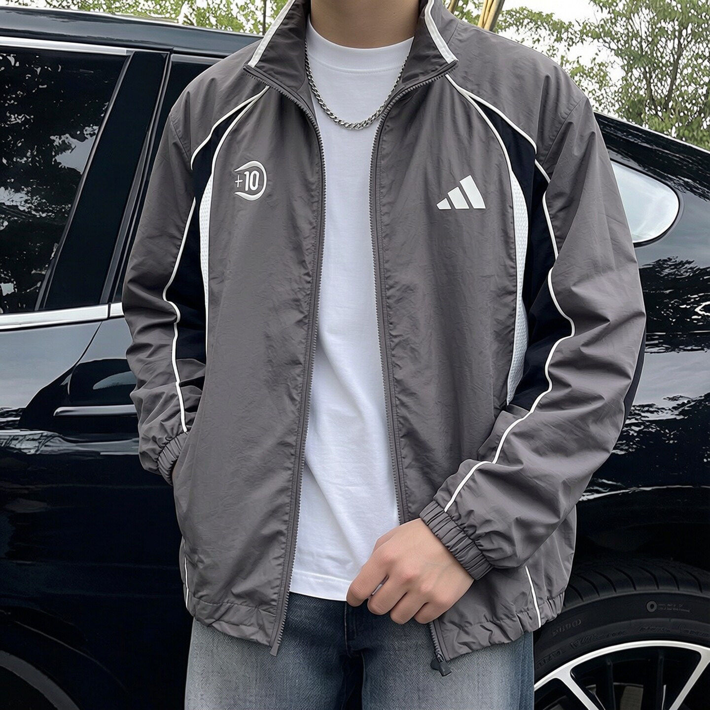 阿迪达斯外套男防风衣秋季新款美式足球复古灰色梭织宽松棒球服男