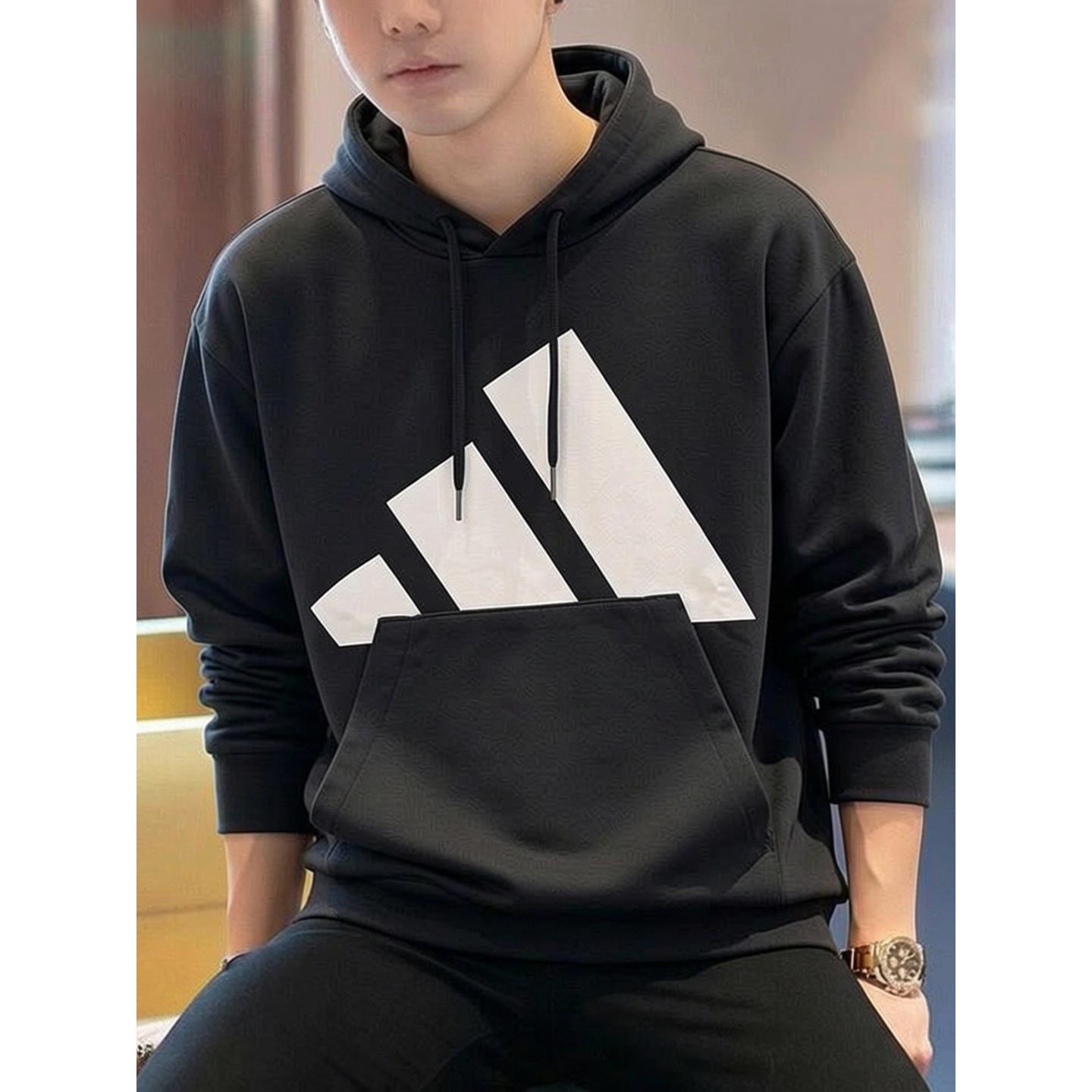 阿迪达斯卫衣男春季正品连帽衫宽松大logo休闲篮球黑色外套运动服