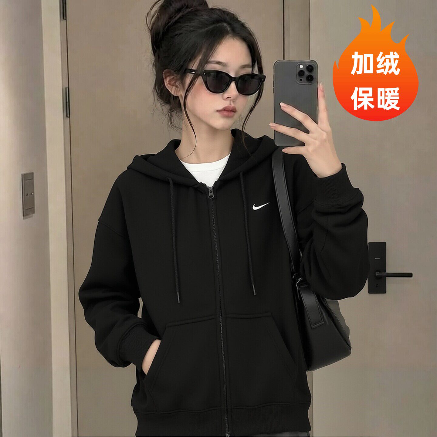 Nike耐克2026年新款加绒外套黑色连帽女装夹克保暖上衣宽松运动装