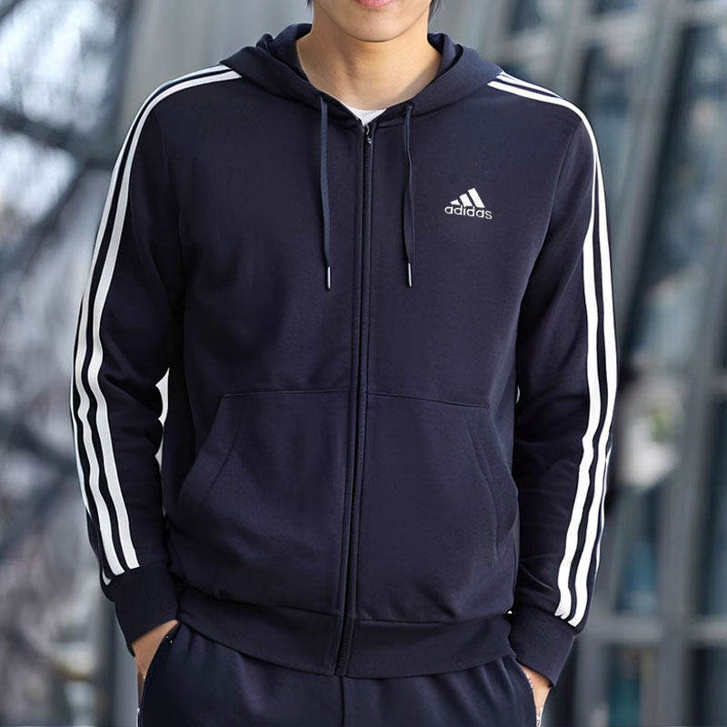 阿迪达斯外套男秋季新款针织运动服蓝色连帽三条杠跑步夹克GK9033