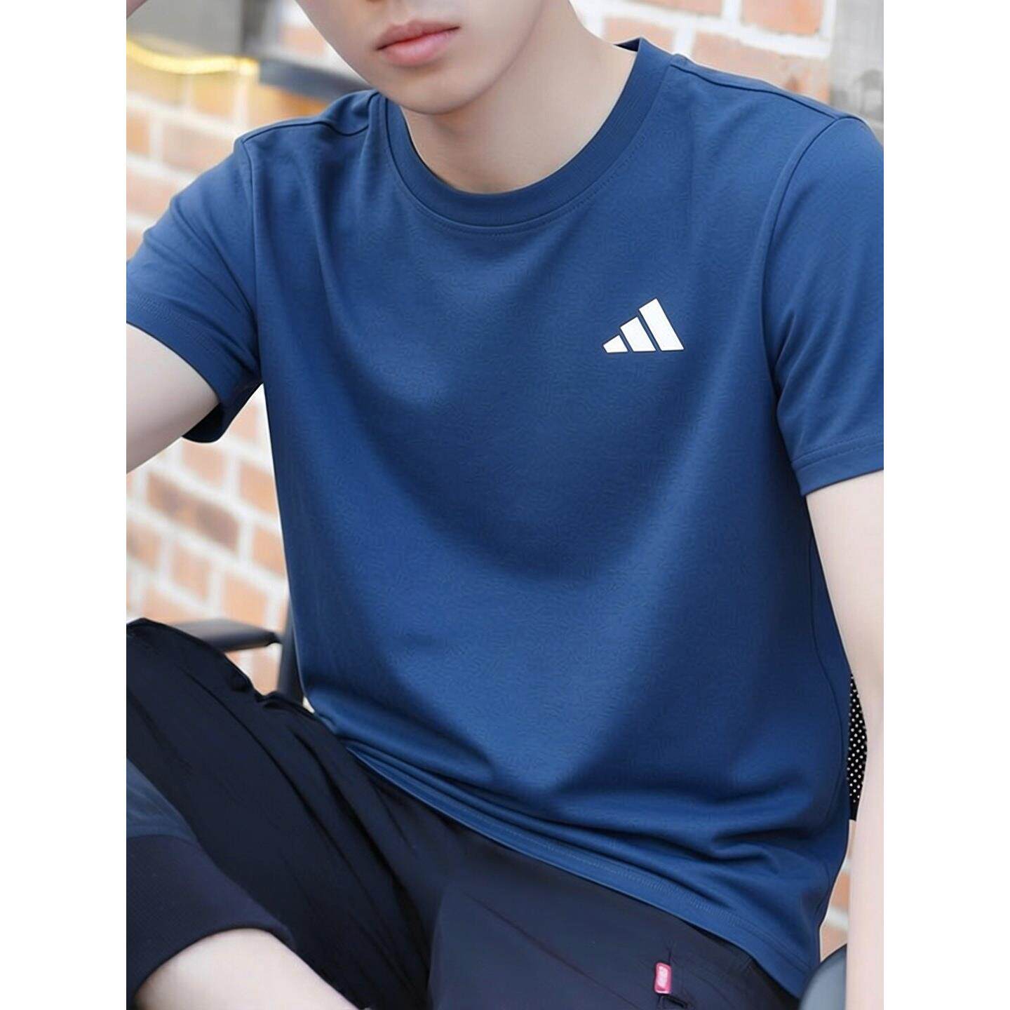 adidas蓝色短袖男透气速干宽松冰丝半袖夏季正品阿迪达斯正品T恤