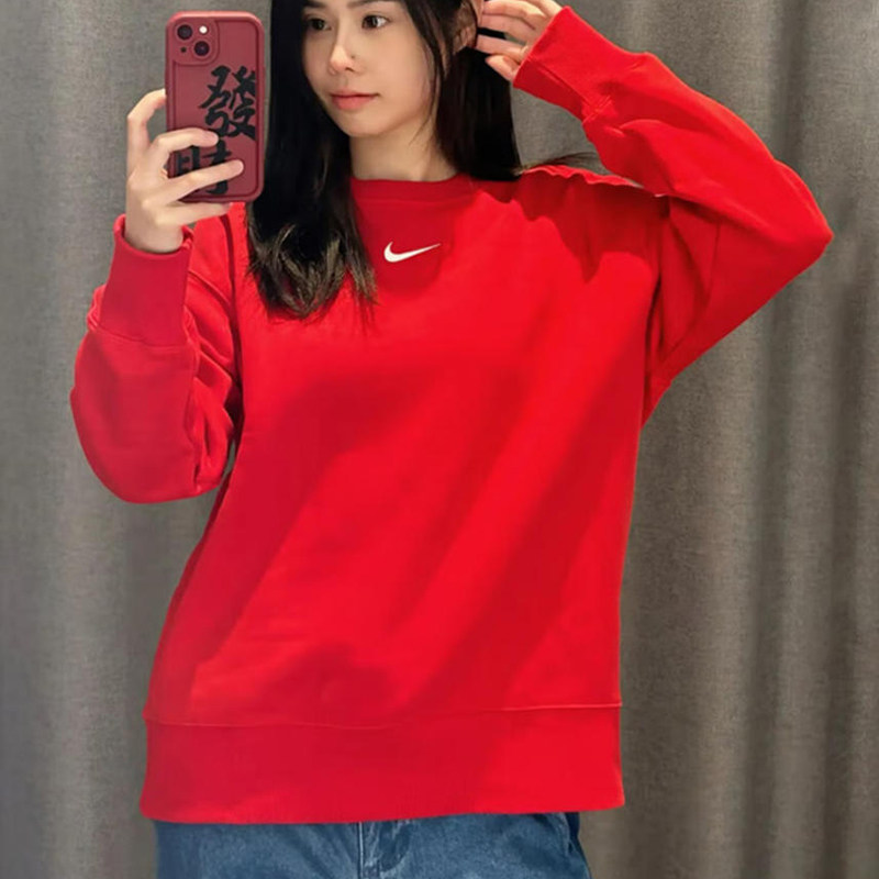 Nike耐克加绒保暖卫衣女装正品圆领宽松跑步运动服户外套头衫上衣
