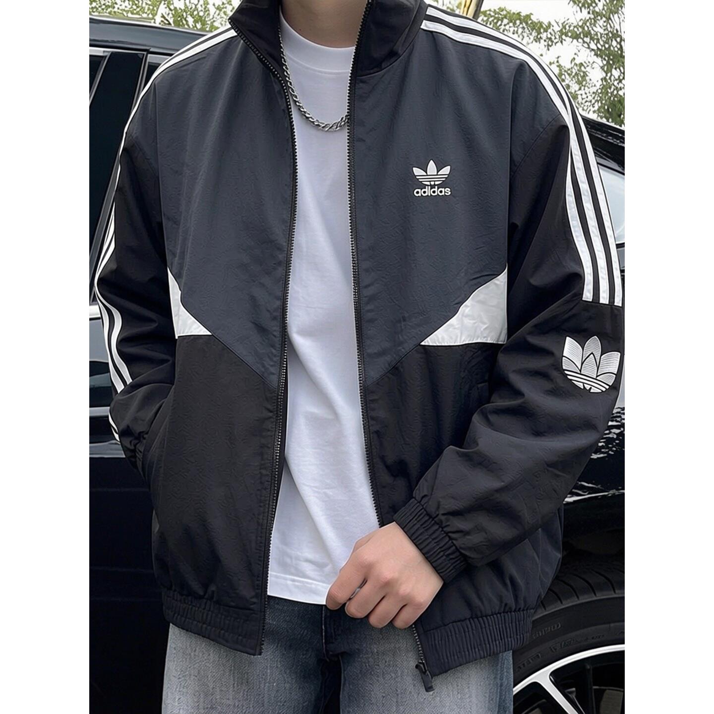 adidas三叶草梭织外套男防风衣秋季正品立领撞色复古美式宽松夹克