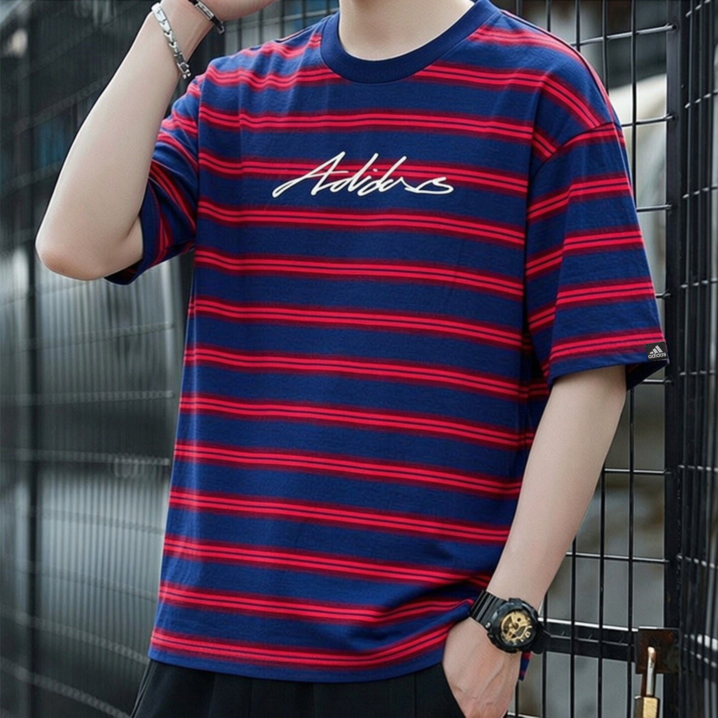 adidas阿迪达斯短袖男T恤夏季透气正品条纹美式复古篮球大码半袖