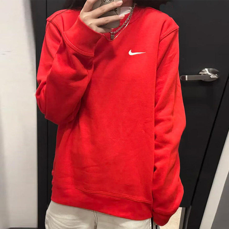 红色卫衣耐克新年款女上衣宽松保暖防风加绒加厚套头衫运动服外套
