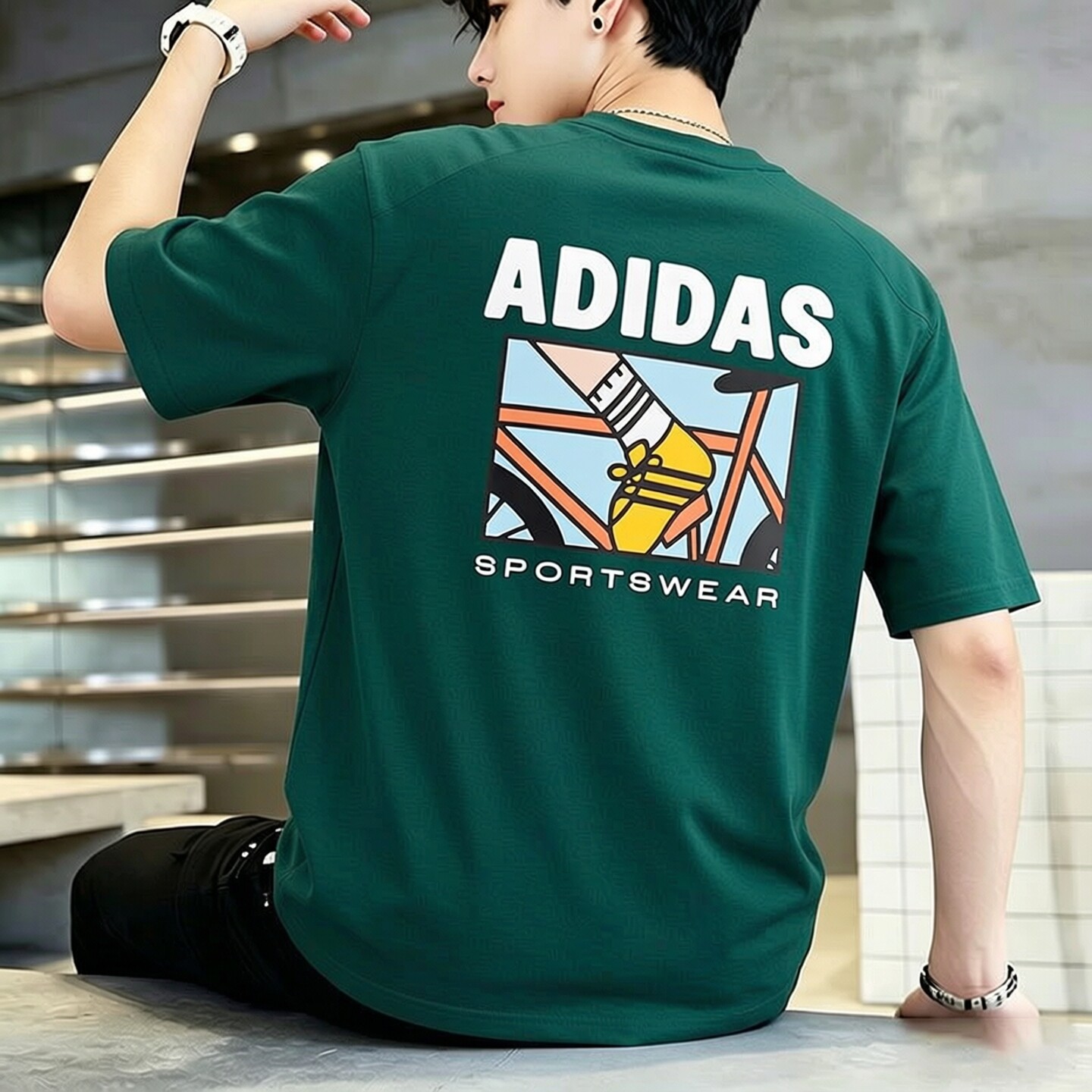 Adidas正品短袖t恤男士绿色后背印花宽松透气圆领运动休闲上衣