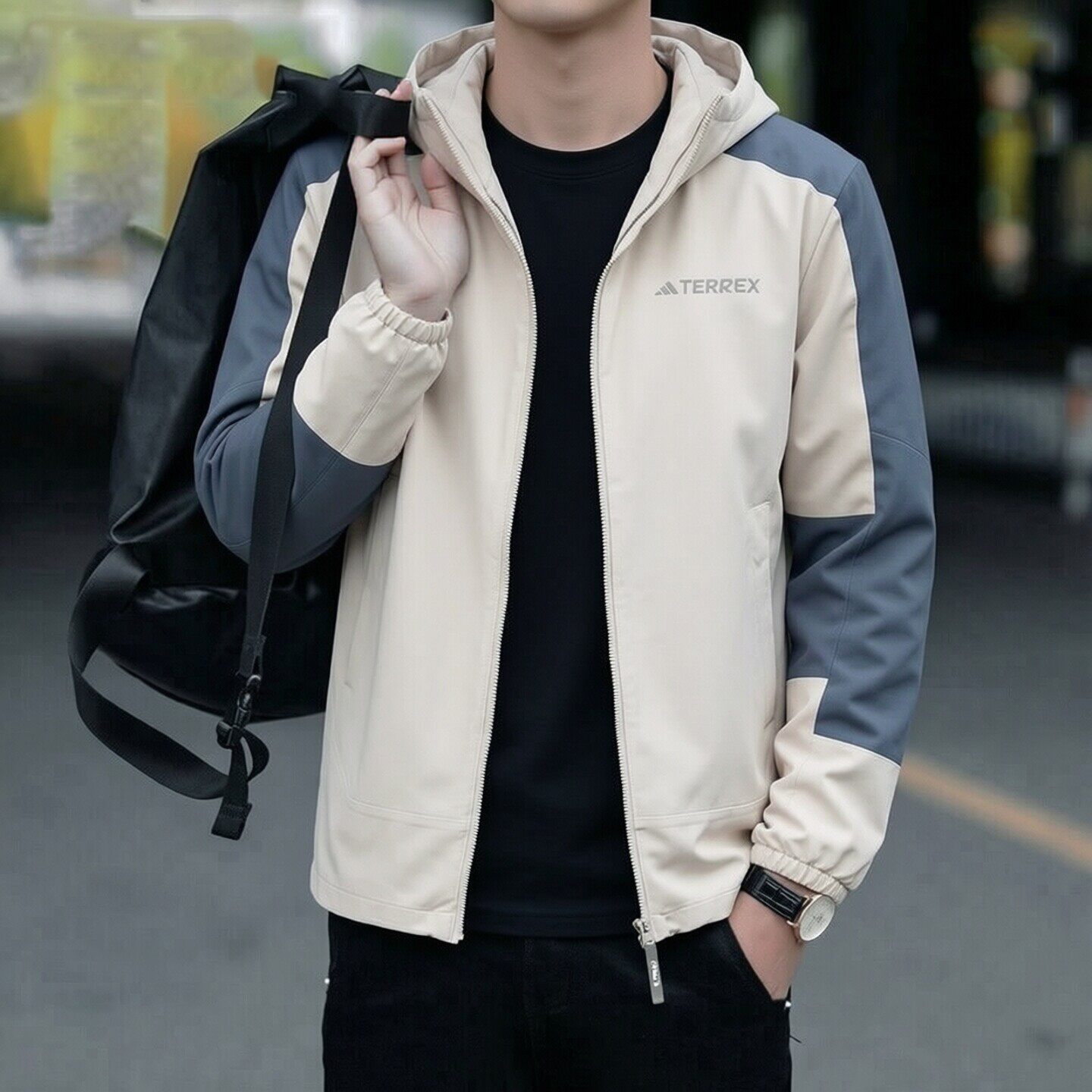 阿迪达斯TERREX户外外套男士新款休闲梭织夹克连帽防风防水运动服