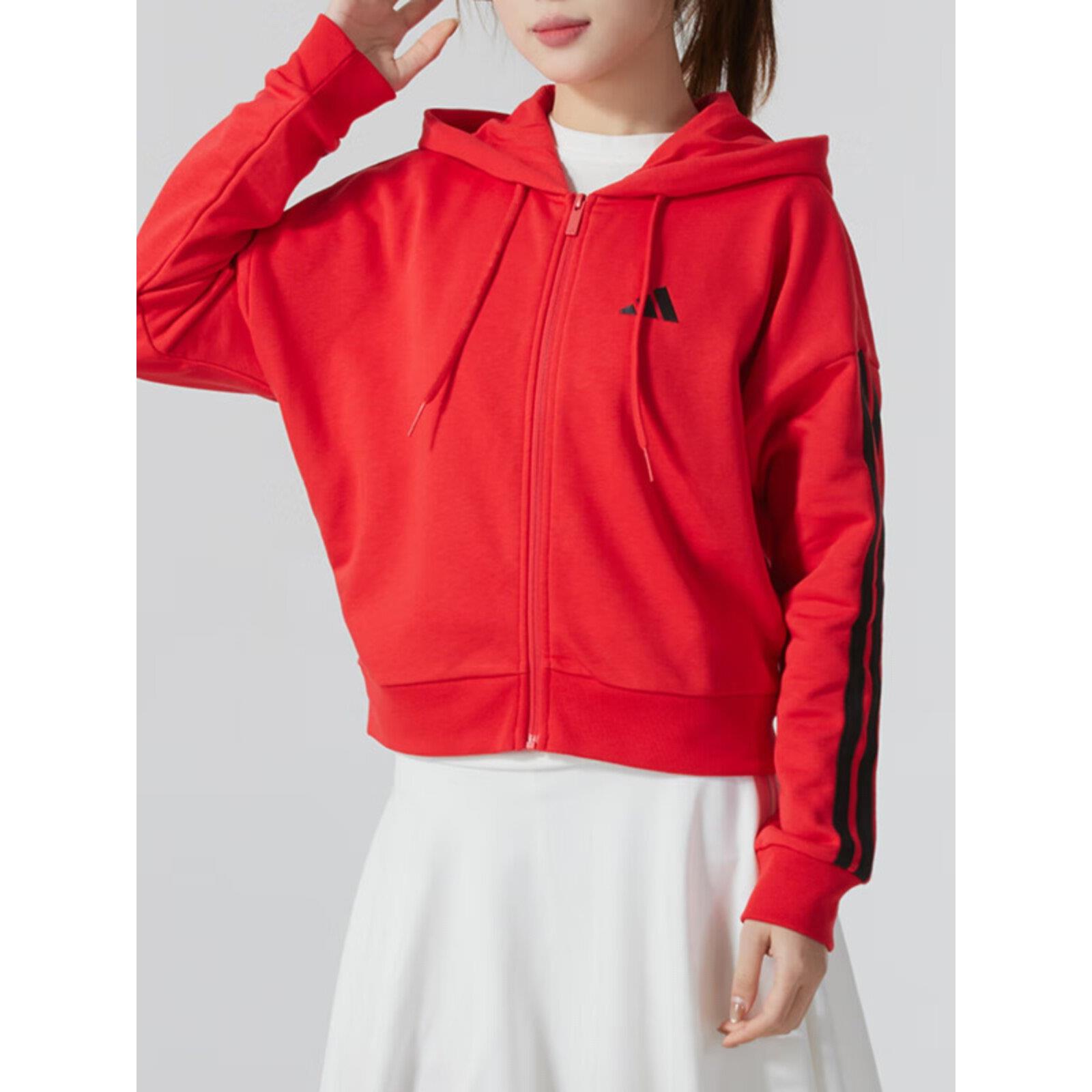 阿迪达斯红色针织外套女装正品短款运动服休闲连帽开衫卫衣夹克