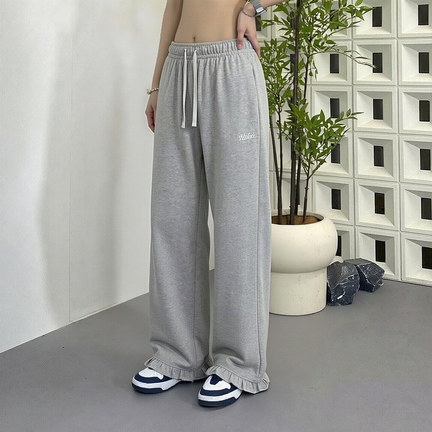 Nike耐克新款针织长裤潮流时尚女裤荷叶边直筒裤宽松阔腿运动裤子
