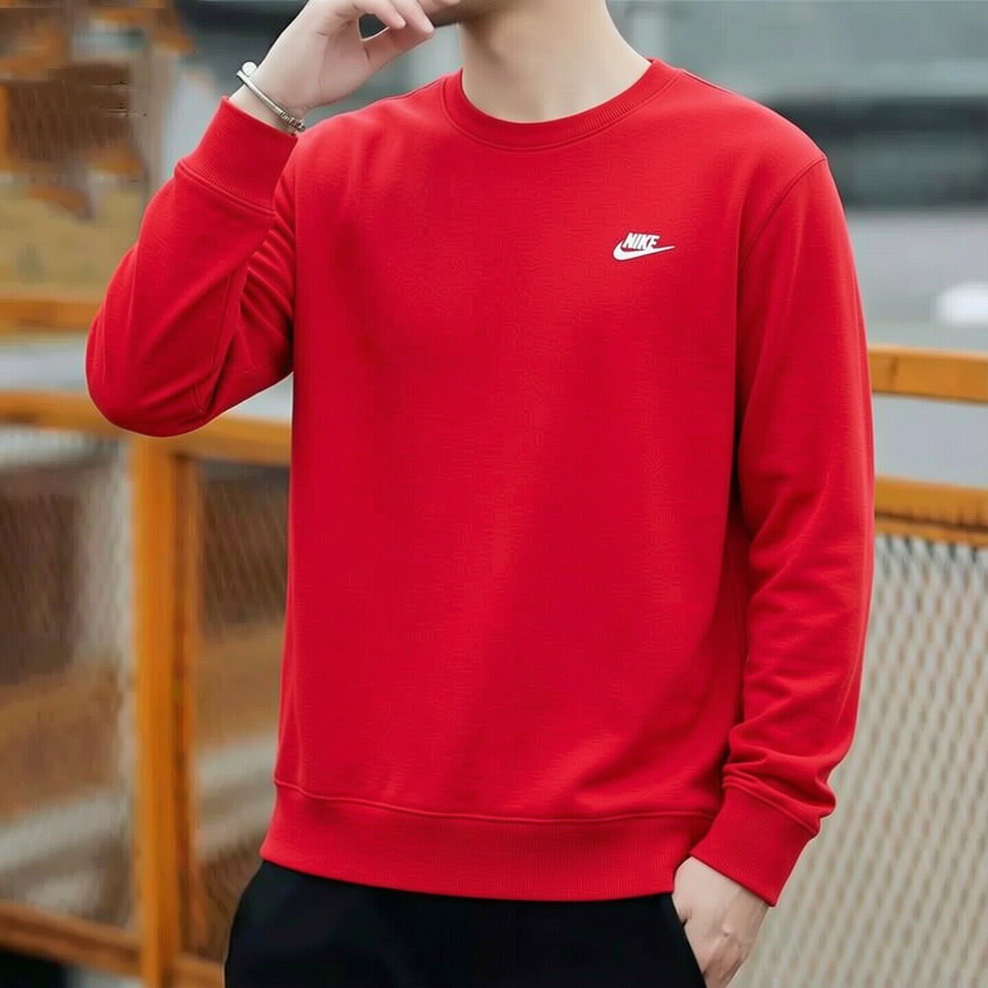 Nike耐克潮流红色卫衣本命年男士上衣新款圆领外套针织毛圈运动服