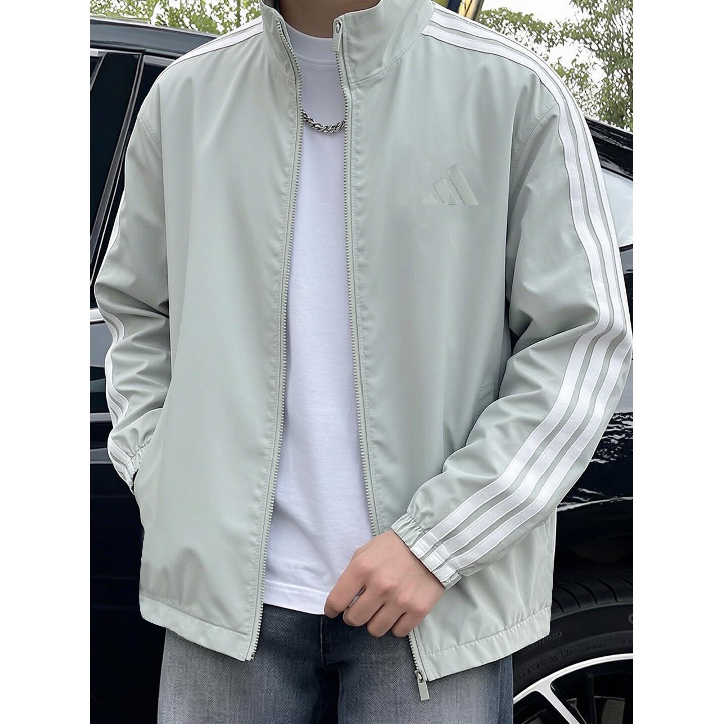 阿迪达斯梭织外套男秋季正品宽松复古三条纹美式篮球防风棒球服男