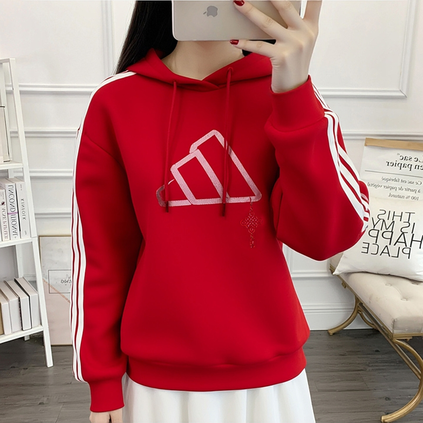 阿迪达斯红色卫衣女正品宽松本命年连帽衫套头针织休闲运动服外套