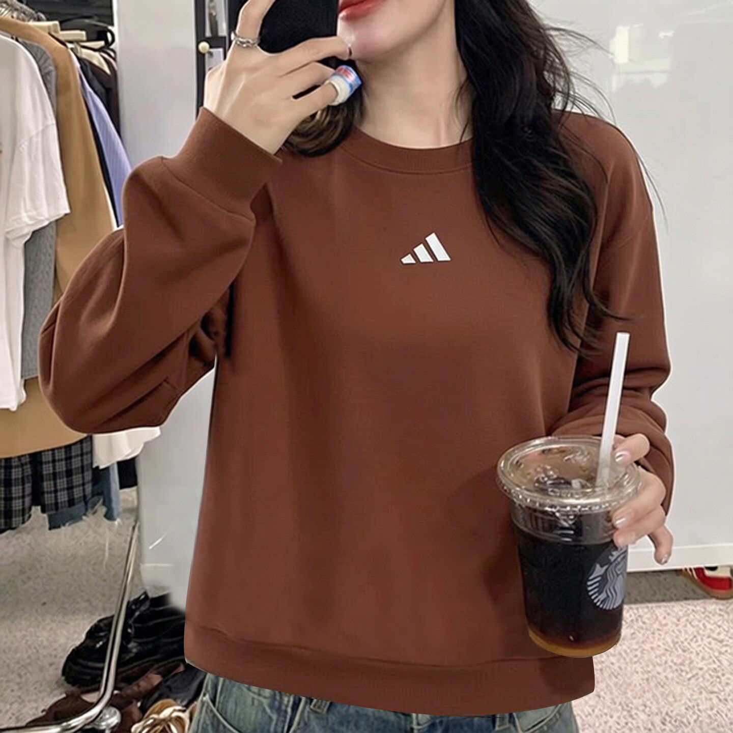 阿迪达斯卫衣女秋季新款针织上衣运动服棕色复古宽松保暖套头衫女