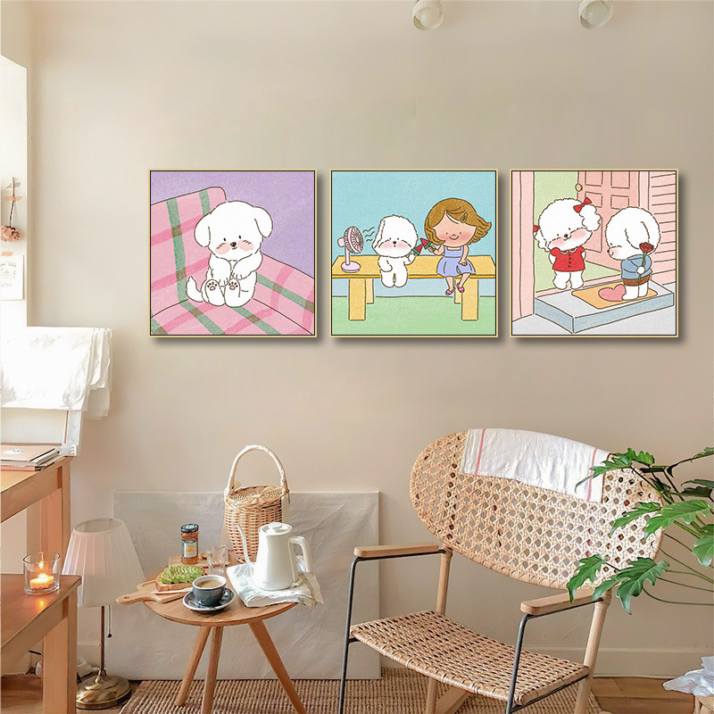卡通小狗治愈装饰画儿童房墙面可爱挂画多巴胺情侣家居少女心壁画