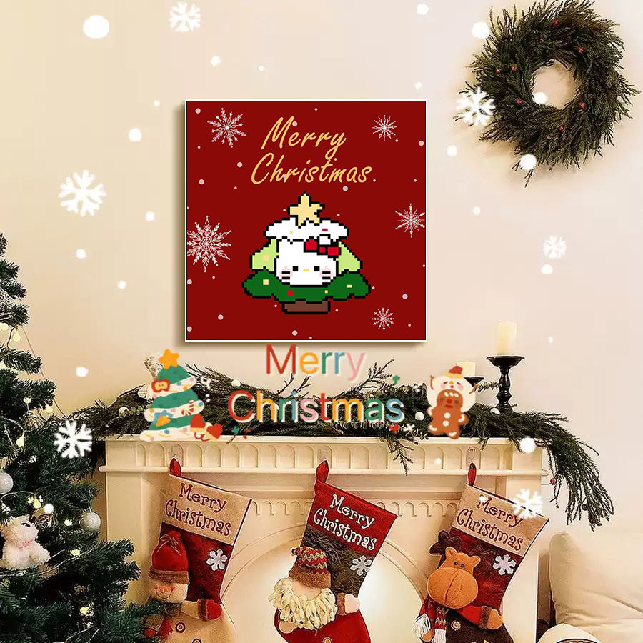 像素格HelloKitty装饰画儿童房可爱圣诞挂画客厅咖啡店小众壁画