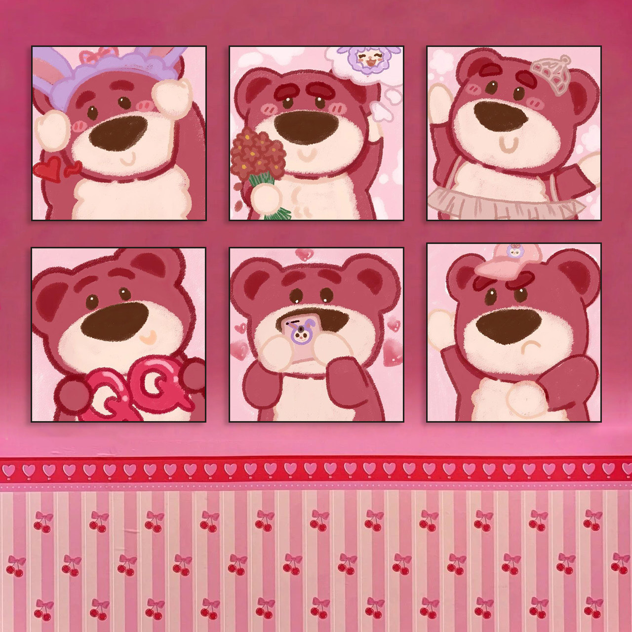 草莓熊可爱挂画甜品店墙少女心装饰画奶茶冰淇淋店壁画儿童房摆画