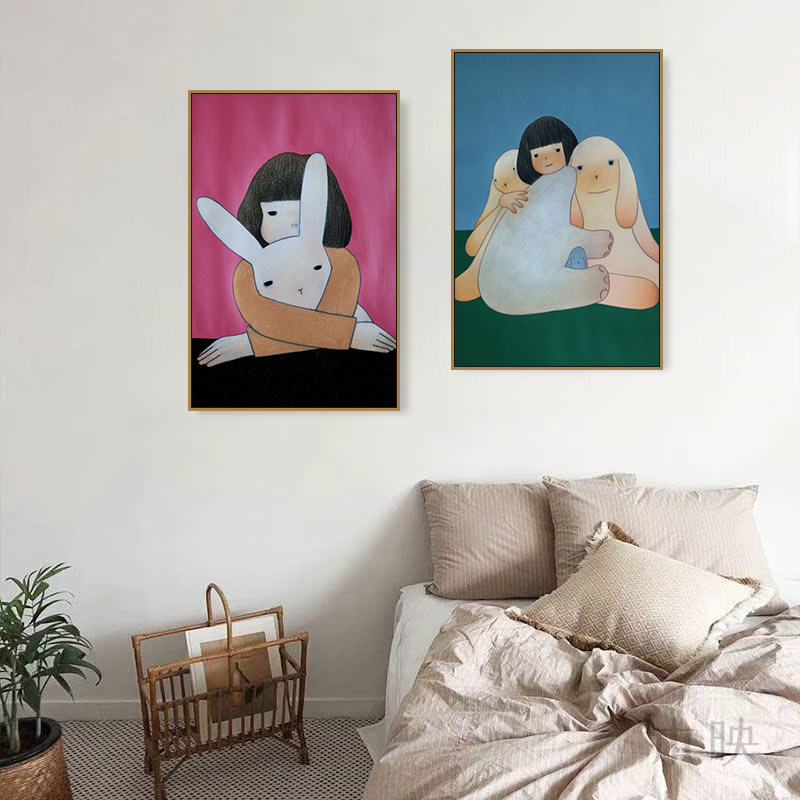 兔子和女孩韩国插画装饰画客厅ins风治愈挂画儿童房卧室床头壁画