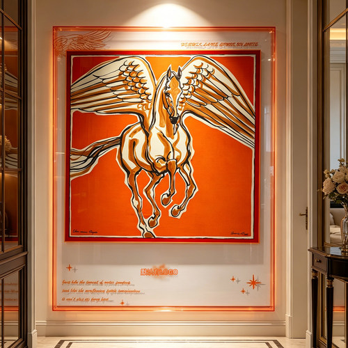 爱马橙自由飞马亚克力丝巾挂画客厅玄关轻奢风装饰餐厅边柜装饰画
