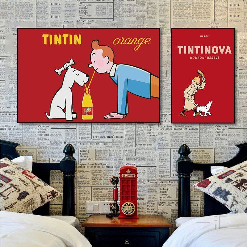 复古美式卡通装饰画丁丁历险记儿童房趣味挂画客厅餐厅卧室壁画