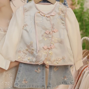 汉服女童套装2026春秋新款国风新中式唐装儿童外套裤子马甲三件套