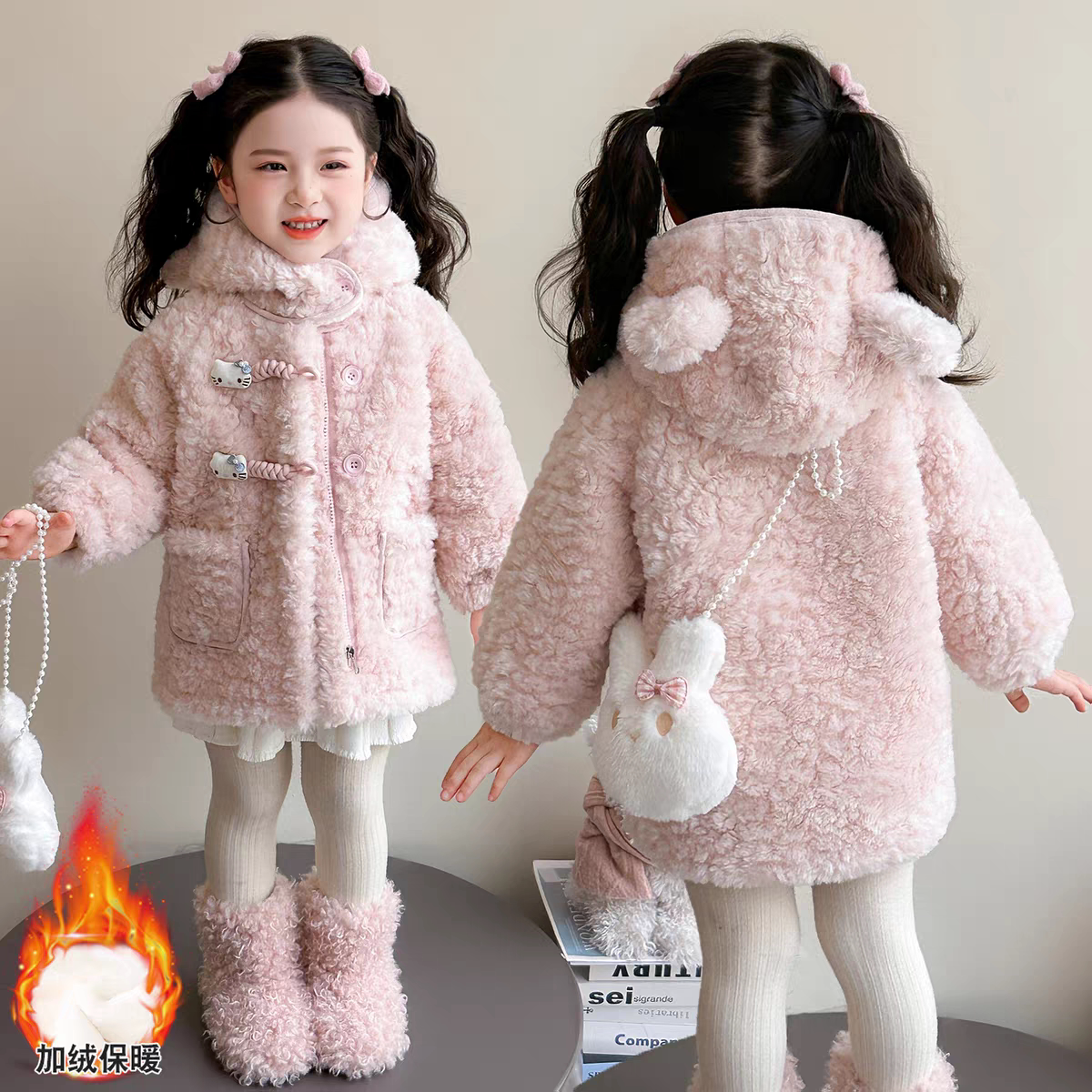 女童冬装外套2026新款洋气毛毛衣儿童冬装加厚羊羔绒女宝宝过年服