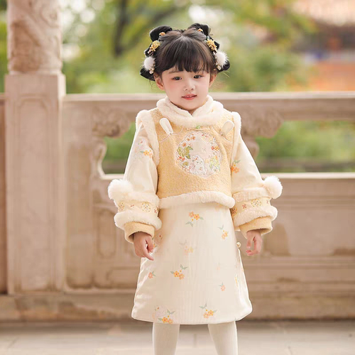 女童汉服套装冬款宝宝可爱过年加绒加厚旗袍唐装儿童中国风拜年服