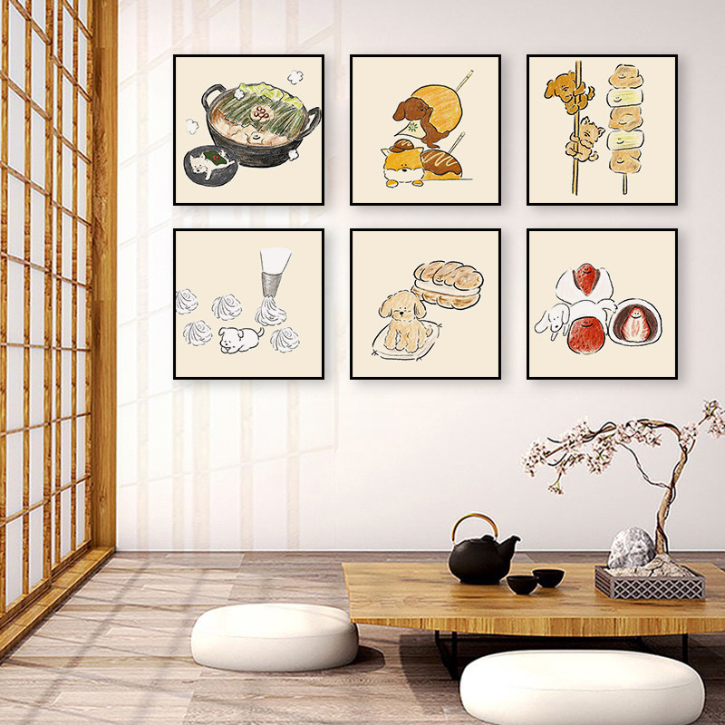 小吃美食装饰画寿司店趣味动物挂画轻食店简约小清新背景墙壁画