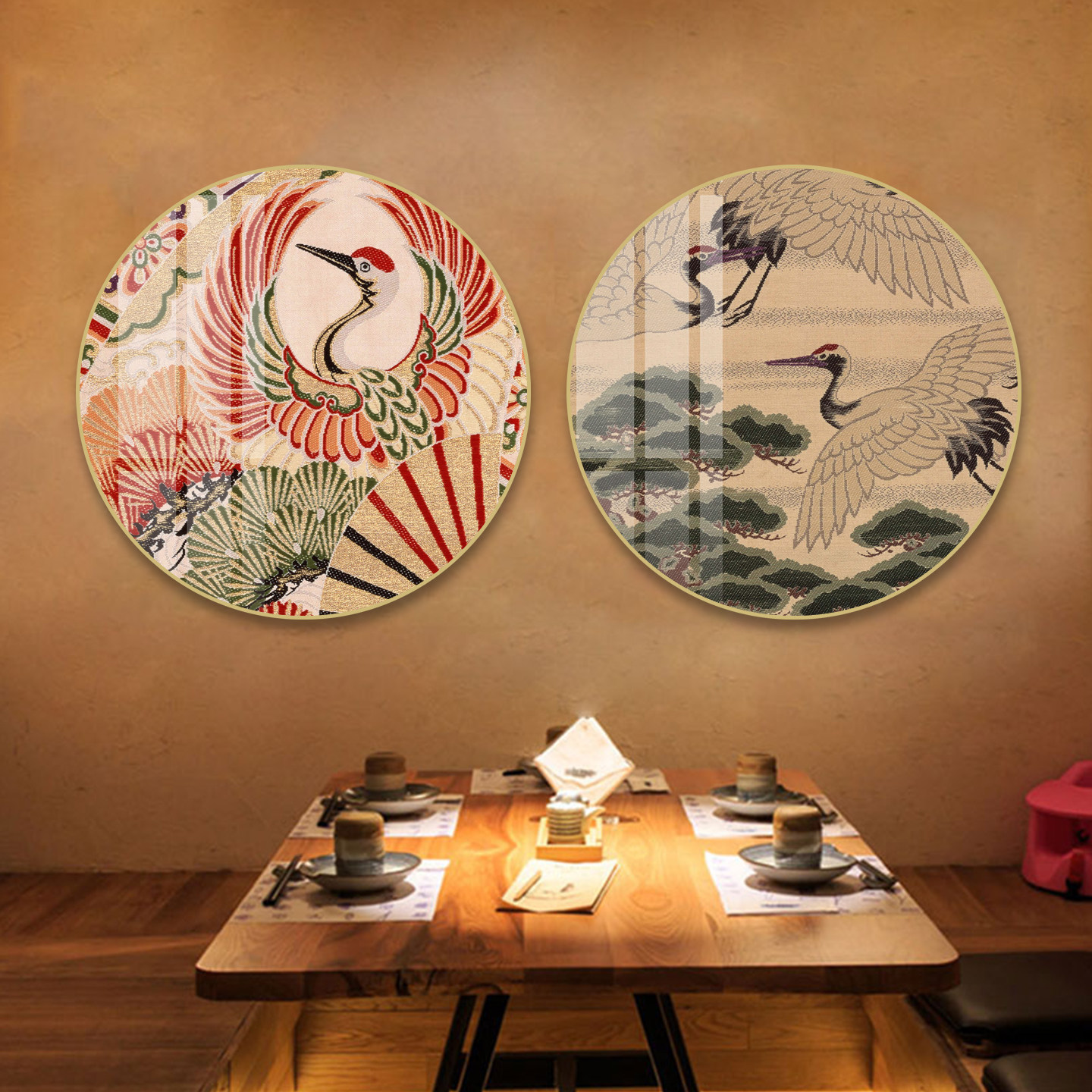 日式和风仙鹤圆形双联装饰画松鹤纹样挂画日料店茶室禅意圆形壁画