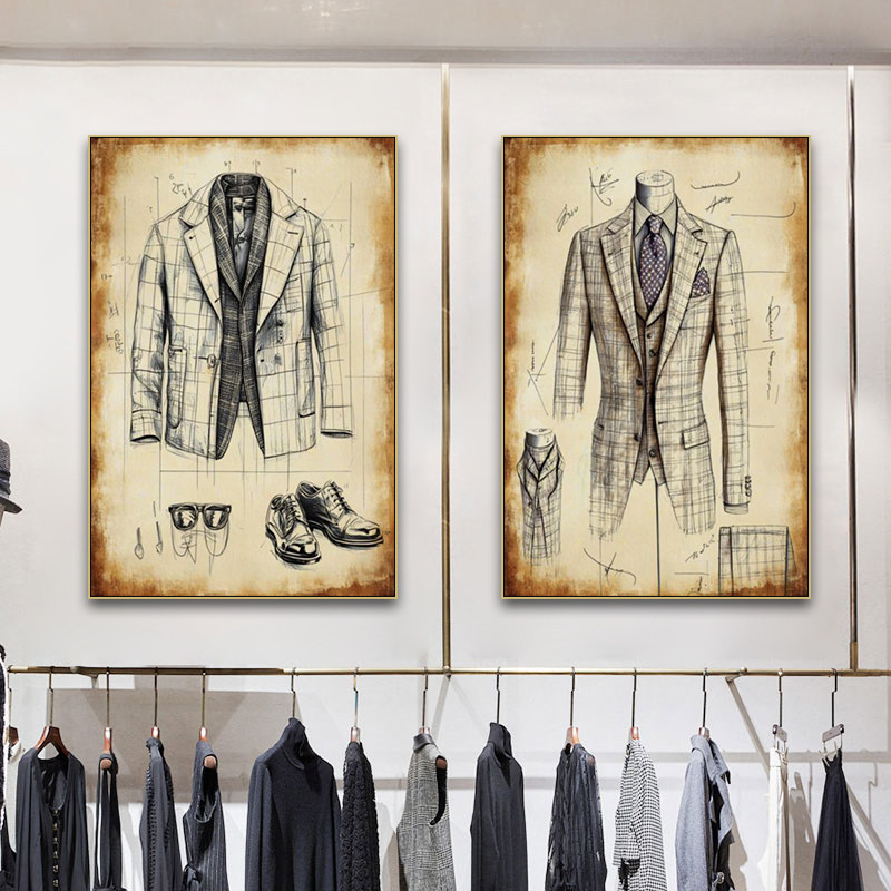 美式复古男士服装店装饰画私人定制裁缝店壁画设计工作室墙面壁画