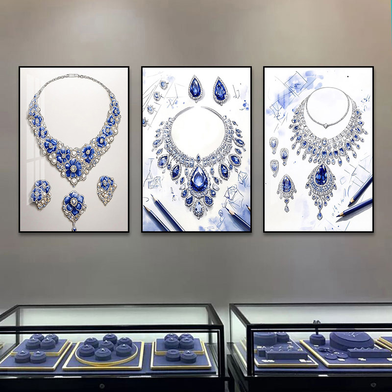 轻奢珠宝首饰装饰画奢侈品店蓝宝石项链手稿挂画专柜工作室墙壁画