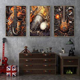 工业风音乐主题清吧挂画美式复古酒吧酒馆装饰画吉他摇滚餐吧壁画