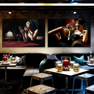 酒吧装饰画美式餐厅雪茄红酒女人挂画酒庄会所威士忌油画复古壁画