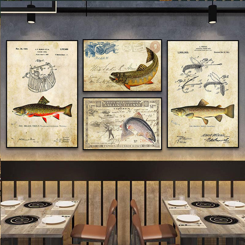 美式复古风垂钓装饰画渔具店海鲜餐厅路亚鱼挂画钓鱼店原生鱼壁画