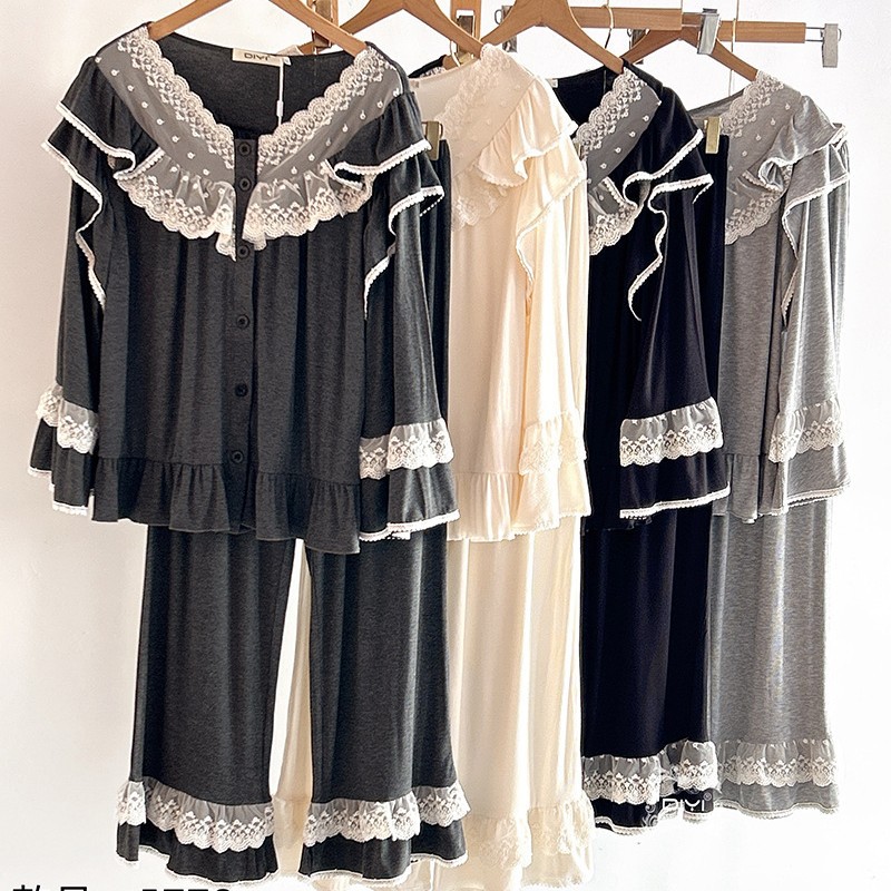 娣依DIYI2025秋冬薄款宽松大码韩式荷叶花边宫廷风长袖长裤睡衣女