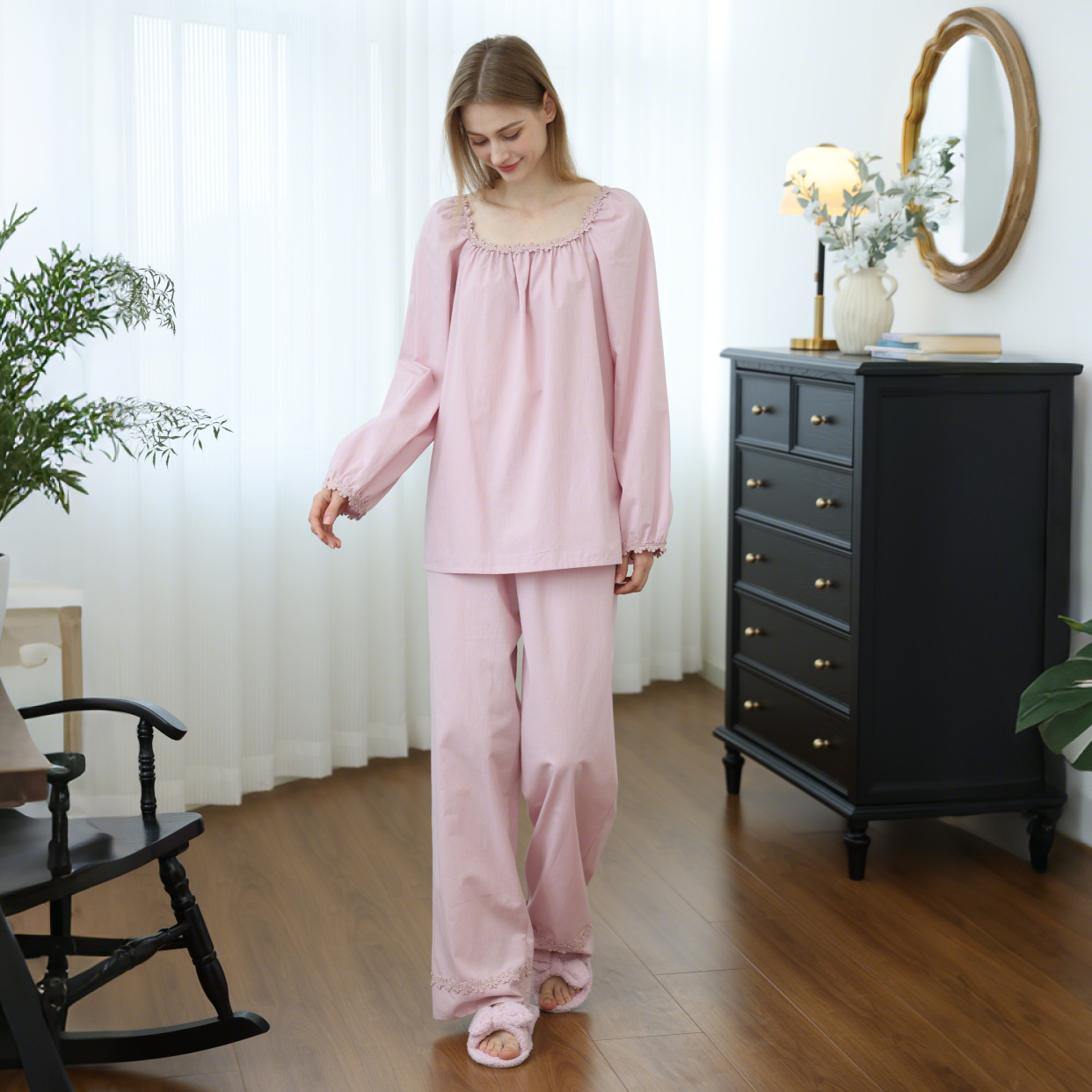 【全棉暗条纹】法式薄款高级感花朵花边短袖长裤睡衣女棉宽松大码