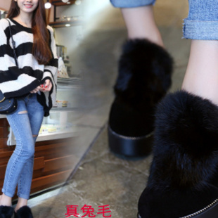 秋冬爆款内增高棉拖鞋女厚底超高跟真皮兔毛拖鞋一脚蹬包头毛拖鞋