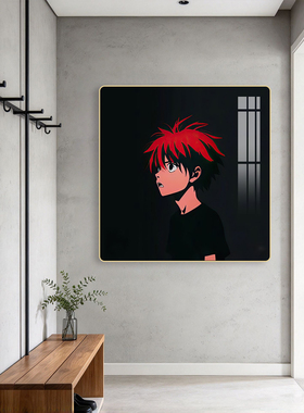 二次元少年人物装饰画黑底红发潮酷风格宿舍电竞房个性艺术挂画
