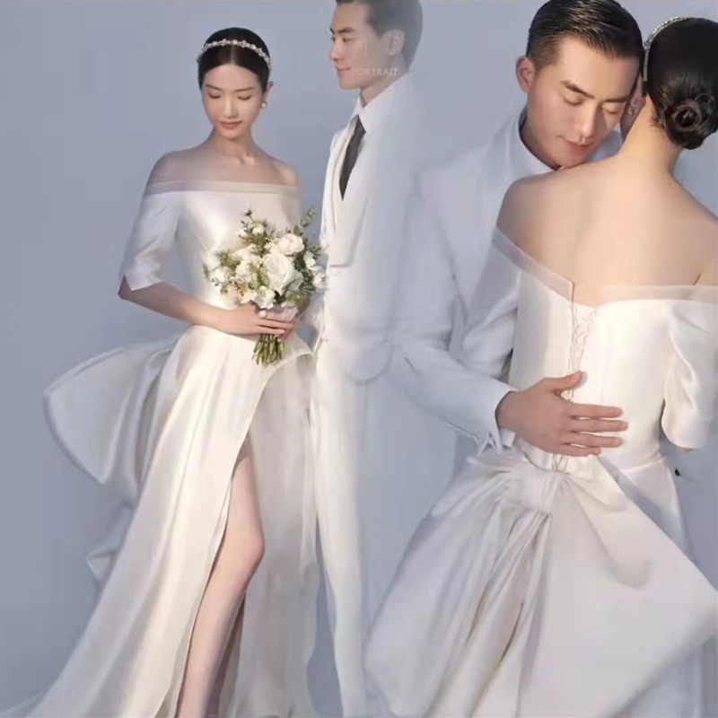 新款影楼主题服装 婚纱摄影缎面高定韩式极简一字肩情侣拍照礼服