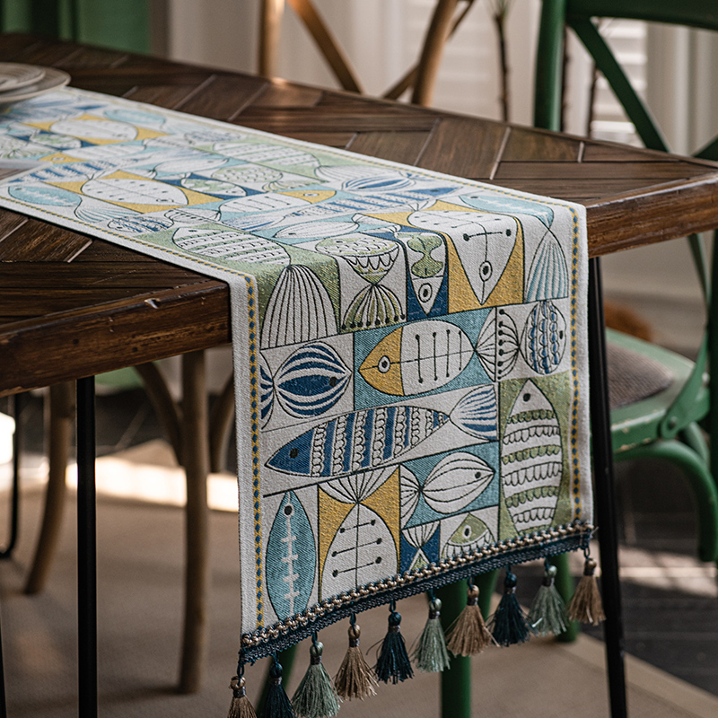 雪尼尔复古美式小鱼桌旗