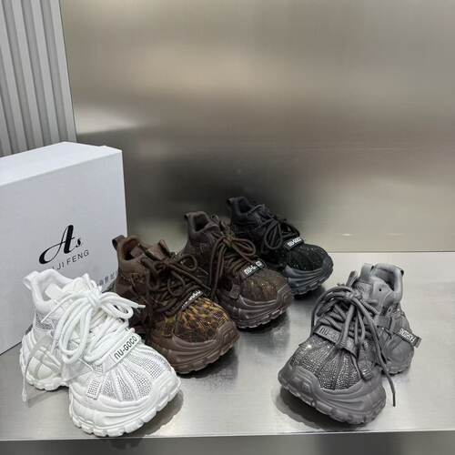 欧洲站水钻8cm厚底老爹鞋女秋冬松糕鞋贝壳头系带百搭豹纹休闲鞋