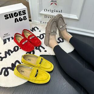 糖果色磨砂皮乐福鞋女2026春新款一脚蹬平底百搭舒适懒人豆豆鞋单
