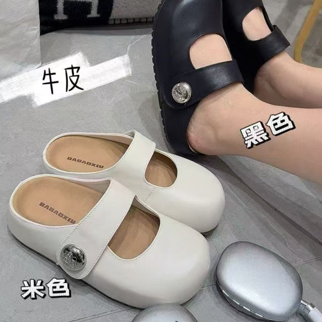 文艺范大头牛皮包头拖女2026夏穆勒鞋厚底百搭休闲一脚蹬拖鞋时尚