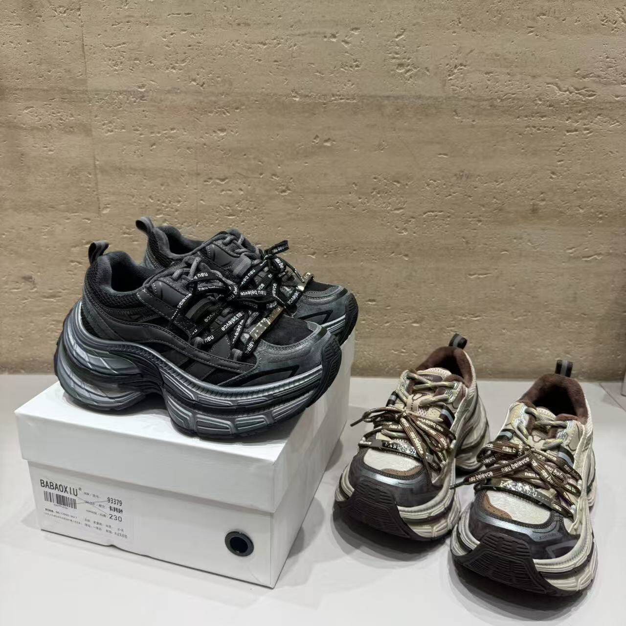 巴宝秀做旧厚底加绒老爹鞋女冬拼色双鞋带运动鞋百搭个性增高棉鞋